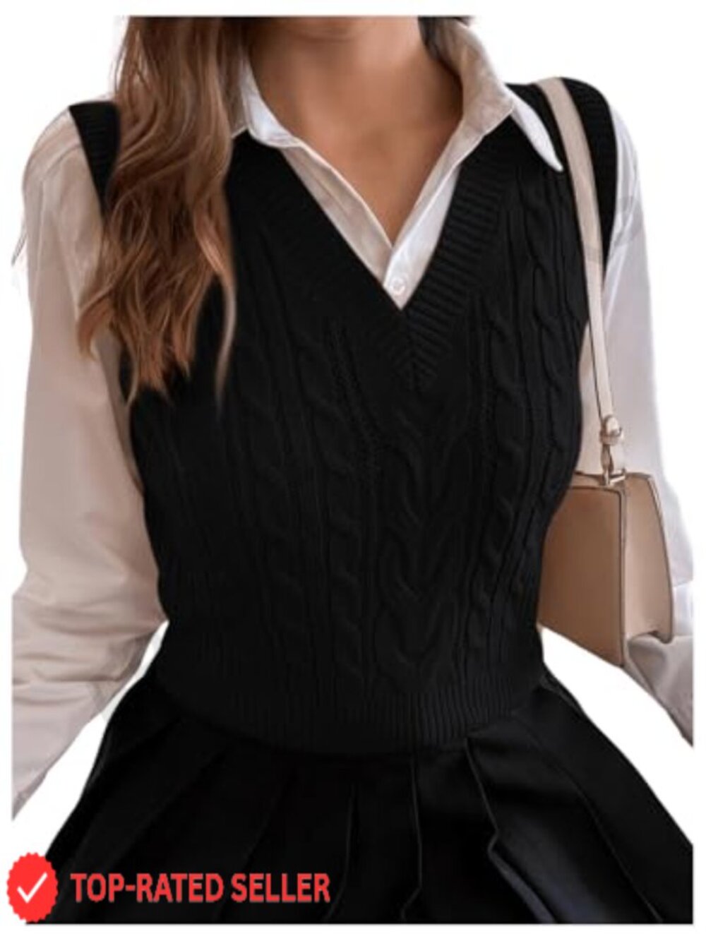 Cable Knit V Neck Sweater Vest Ribbed Crop Sleeveless Tank Top